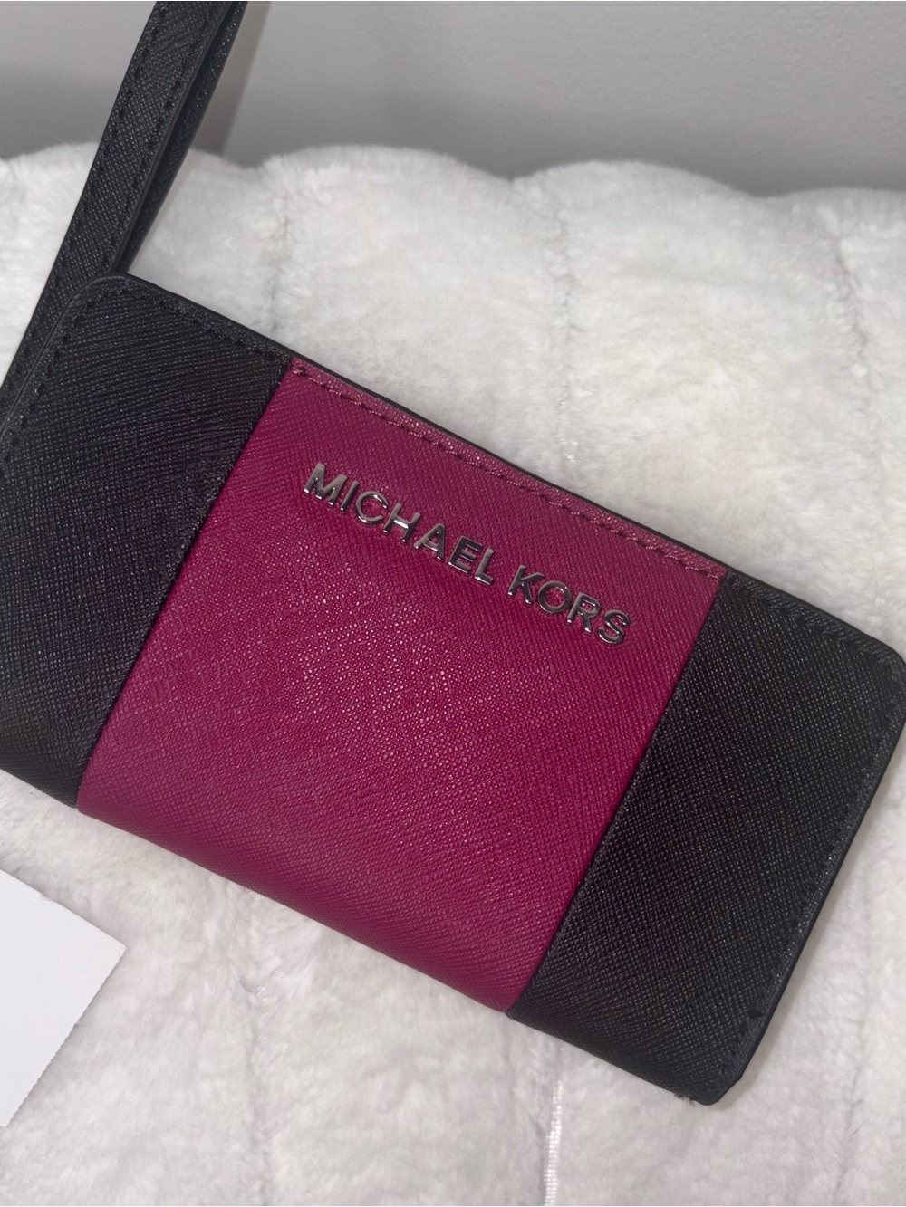 Michael Kors Black and Berry Pink Saffiano Wristlet Phone Case